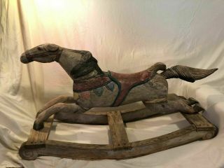 Rocking Horse Antique Vintage Solid Wood Hand Carved Painted Pre 1920 