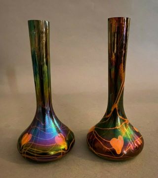 Antique Heart Or Leaf & Vine Motif Iridescent Art Glass Vases 7 " Durand?
