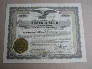 Old Vintage 1930 - Phoenix Club Of Detroit Michigan - Bond Certificate