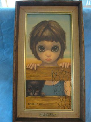Vintage Framed Walter Margaret Keane Big Eyes Watching 1962 Boy Fence Sad Cat