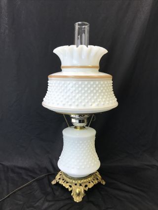 Antique Vtg Glass Parlor Lamp White Milk Glass Shade Hobnail Gwtw Hurricane " Oil