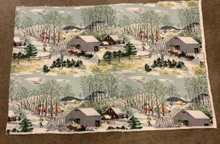 Vintage Barkcloth Fabric 28”x40” Grandma Moses Early Springtime On The Farm