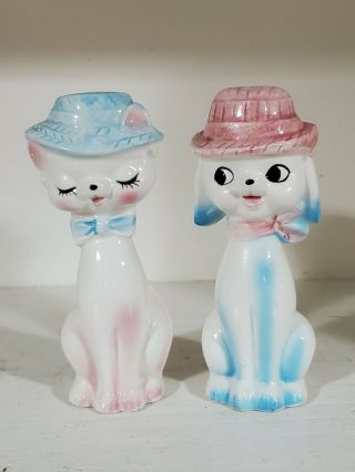 Vintage Anthropomorphic Kitty Cat & Dog W/ Hats Salt & Pepper Shakers 4¾ " Japan