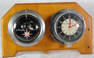 Vtg Airguide 7 Jewel 8 Day Marine Boat Clock & Compass Wood Console Desk Clock