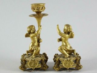 Pair: Antique French Gilt Bronze Putti Candlestick