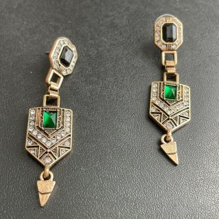Vintage Style Art Deco Emerald Green Onyx Black Rhinestone Pierced Earrings 58