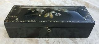 1870 Antique Black Lacquer Box With Mother Of Pearl Inlays