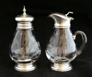 Antiqu Frank M.  Whiting Sterling Silver Etched Glass Sugar Shaker & Syrup Jug