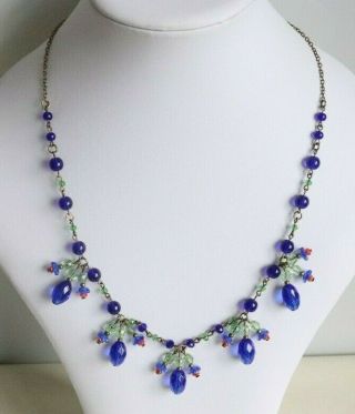 Gail Vintage Art Deco Style Blue/green Flower Beaded Glass Necklace