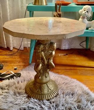 Vintage Mid Century Cherub Chalk Base Wood Top Round Side End Table Plant Stand
