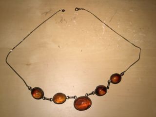 Old Vintage 925 Marked Sterling Silver Necklace With 5 Amber Stones