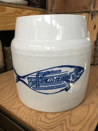 Vintage Stoneware Crock Griffin’s Spiced Herring Antique Clay Pot Blue Fish