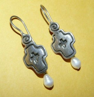 Vintage Southwestern Sterling Silver " 925  Cross " Design Dangle Pearl Earrings