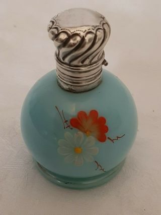 Antique Miniature Blue Glass And Sterling Silver Perfume Bottle