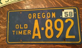 Vintage Oregon License Plate With 1958 Tab,  Old Timer.
