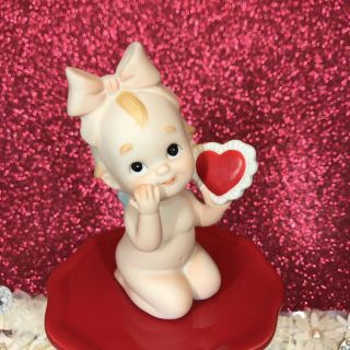 Vtg Lefton Kewpie Cupie Cupid Valentine Girl With Pink Bow & Red Heart Figurine