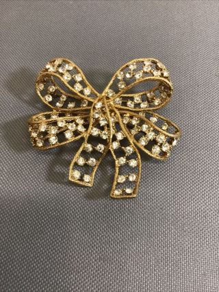 Vintage Donald Stannard Double Ribbon Bow Rhinestone Brooch Pin Signed