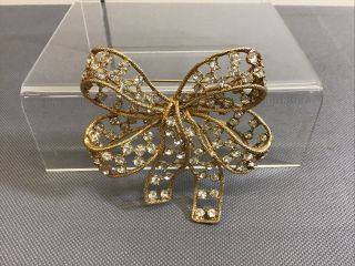 Vintage DONALD STANNARD Double Ribbon Bow Rhinestone Brooch Pin Signed 2