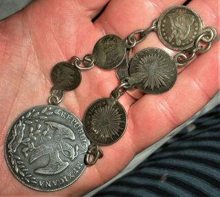 Antique 1830s - 1870s United States & Mexican Coin Watch Fob Chain Silver Vafo