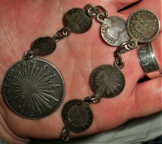 ANTIQUE 1830S - 1870S UNITED STATES & MEXICAN COIN WATCH FOB CHAIN SILVER vafo 2