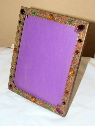 Antique Bronze Gilt Czech Jeweled 8x10 Picture Frame With Hinged Stand