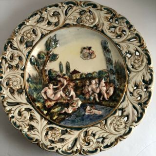 Vintage Capodimonte Gold Gilt Antique 13.  5” Hand Painted Wall Plate Signed Italy
