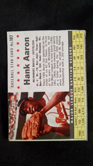 1961 Post Cereal 107 Hank Aaron Milwaukee Braves Vintage Baseball Card