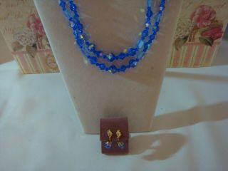Vintage Blue Ab Crystal Double Strand Necklace With Earrings