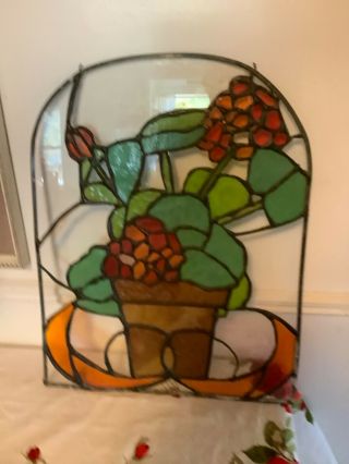 Vtg Stained Glass Leaded Window Hanging Panel Victorian Design Rose Flower