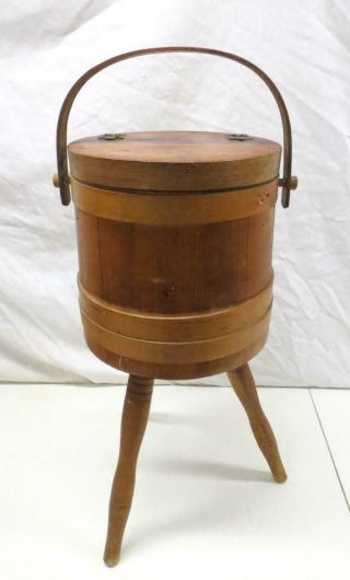 Antique Firkin Sugar Bucket Sewing Basket Stand 3 Leg Stapled Bands Amish Shaker