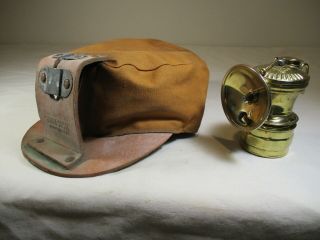 Antique Double - Safety Miners Cap/hat And Auto - Lite Carbide Lamp