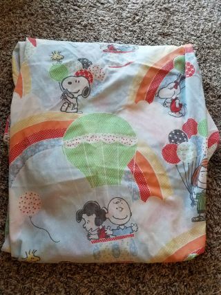 Vintage Snoopy Peanuts Gang Fitted Twin Bed Sheet Hot Air Balloon Rainbows
