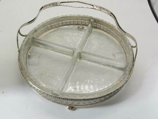 Vintage Sterling Silver & Cut Crystal 4 Part Divided Relish Dish,  8 " W/ Handle