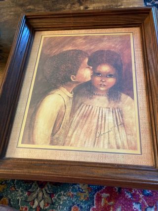 Vtg Margaret Keane African American Little Kiss Big Eye Wood Framed Art Print