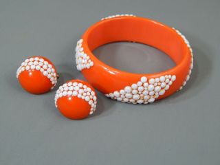 Vintage Retro Orange Bakelite Bangle Bracelet & Earring Set Applied Polka Dots