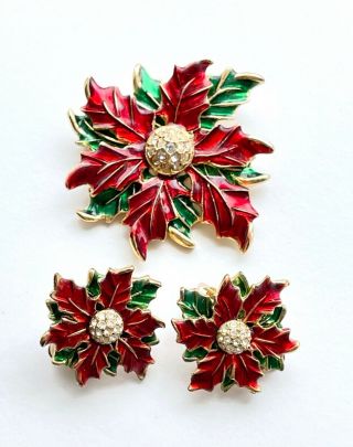 Vtg Eisenberg Ice Set Of Brooch & Clip On Earrings Enamel Flower Holiday H06