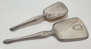 Antique Edwardian / Art Deco Sterling Silver Hair Brush & Hand Mirror Vanity Set