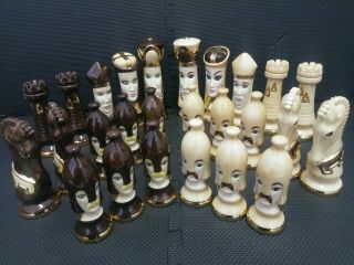Vintage Large Medieval Duncan Ceramic Chess Set.  Gold Multicolored Antique