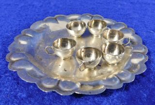 Antique/vtg Sterling Silver Miniature Dollhouse 6 Tea Cups & Serving Tray Mexico