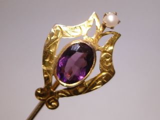 Antique Victorian 10k Gold Approx.  1/2 Ctw Amethyst & Seed Pearl Stick Pin