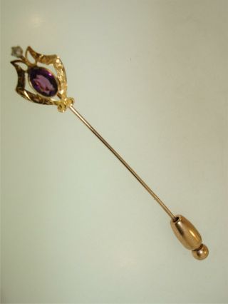 ANTIQUE VICTORIAN 10K GOLD APPROX.  1/2 CTW AMETHYST & SEED PEARL STICK PIN 3