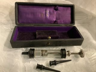 Antique Medical Irrigation Syringe In Black Box Purple Satin Lined