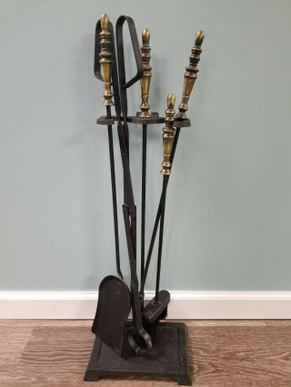 Vintage Antique Brass Black Gold 4 Piece Fireplace Tool Set With Stand