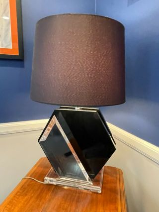 Vintage Signed Van Teal Etched Lucite Black & Clear Table Lamp