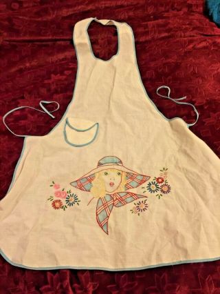 Vintage Cotton/linen Bib/apron With Hand Embroidered Woman In Hat,  Flowers