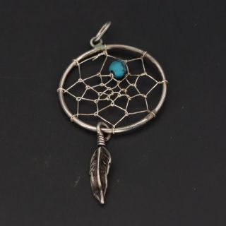 Vtg Sterling Silver - Navajo Turquoise Bead Dreamcatcher Feather Pendant - 1g