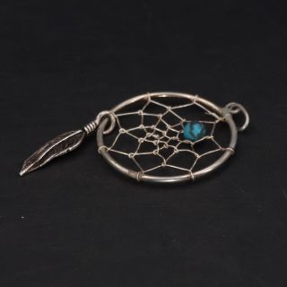 VTG Sterling Silver - NAVAJO Turquoise Bead Dreamcatcher Feather Pendant - 1g 2