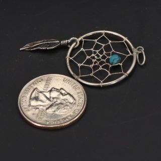 VTG Sterling Silver - NAVAJO Turquoise Bead Dreamcatcher Feather Pendant - 1g 3