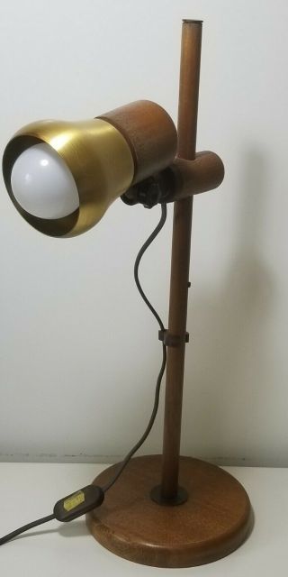 Vintage Mid Century Modern Wood And Adjustable Slide Brass Cone Desk Table Lamp