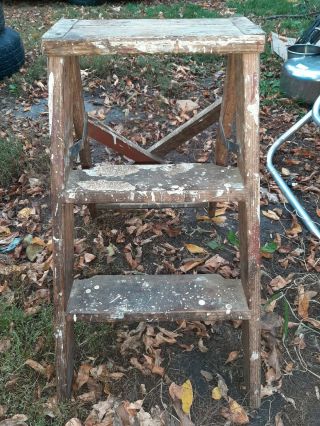 23 " Wood Ladder 2 Step Rustic Painter Paint Splatter Plant Stand Vintage